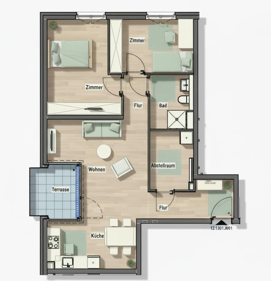 Grundriss einer Wohnung im Speicher 7 – Wohn- und Schlafbereich, Küche, barrierefreies Bad und Terrasse